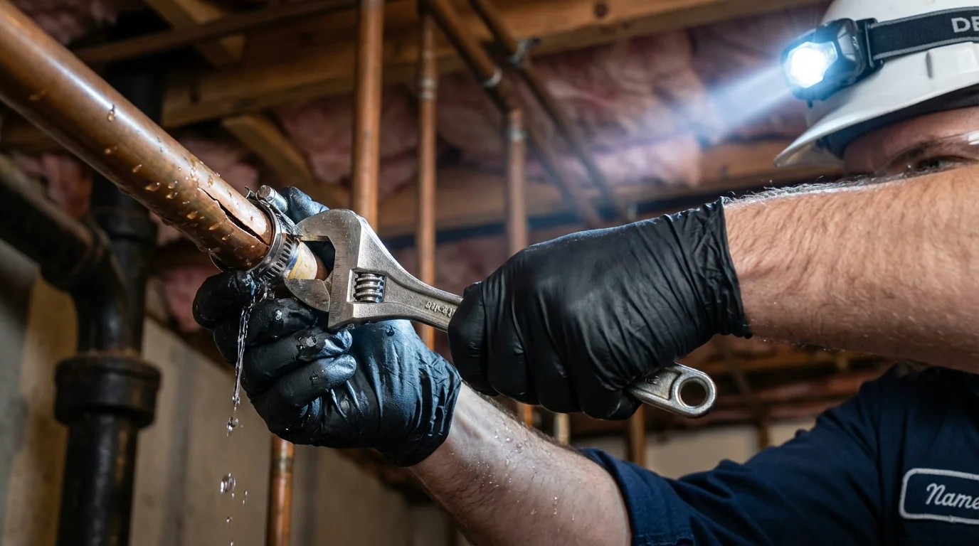 Emergency pipe clamp repair being performed by a Johns Plumbing LLC plumber in Watseka